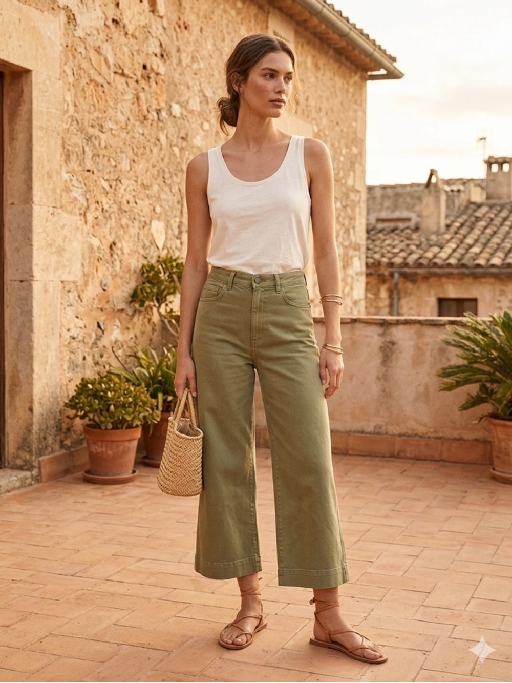 a.n.a High-Rise Wide-Leg Crop Pants in Olive